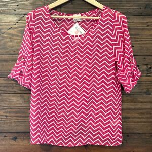 Rachel Kate Sheer Blouse Womens L Pink White Split Back Roll Tab Sleeve Preppy